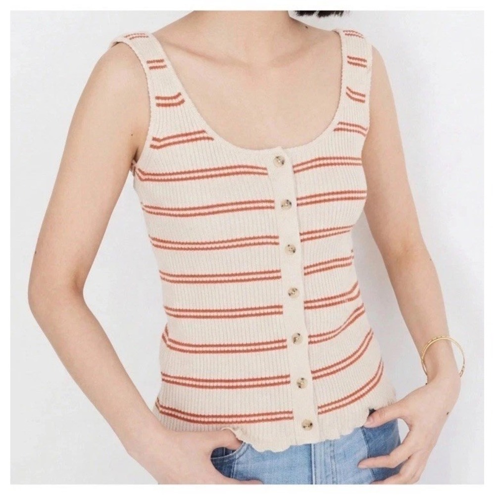 Madewell Kingston Ribbed Striped Button-Front Sweater Tank Cream Rust Medium